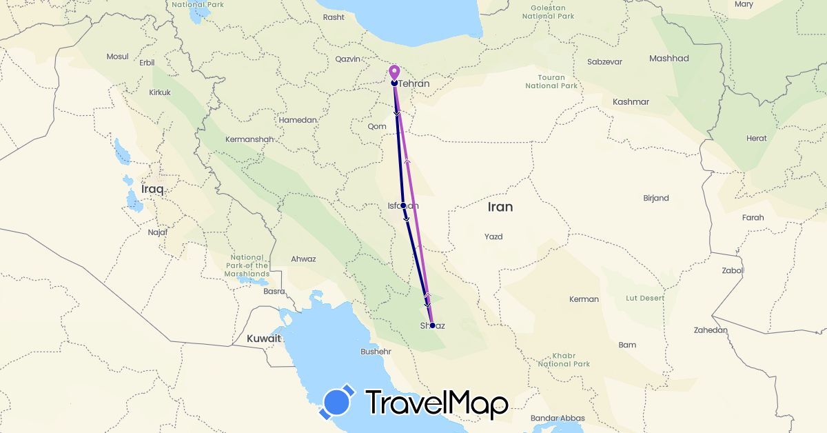TravelMap itinerary: driving, train in Iran (Asia)